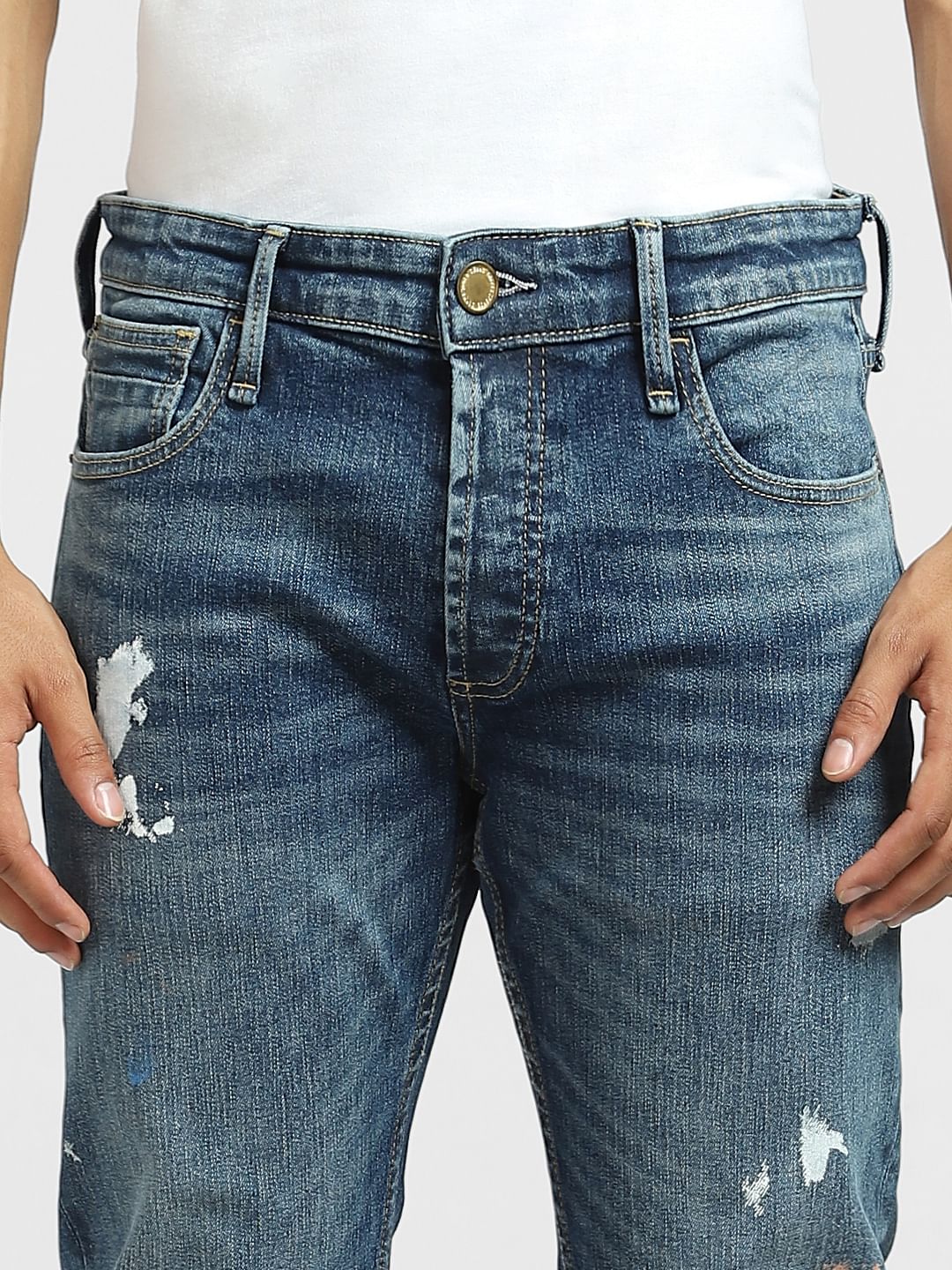 Blue Mid Rise Paint Detail Regular Jeans - Image 5