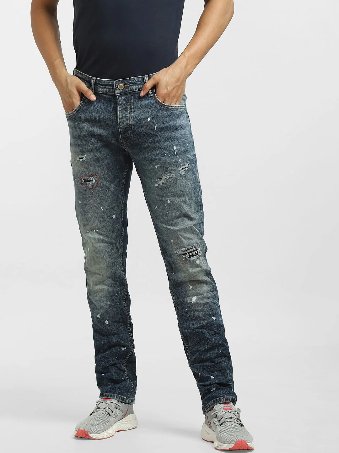 Dark Blue Low Rise Paint Detail Regular Jeans - Image 2