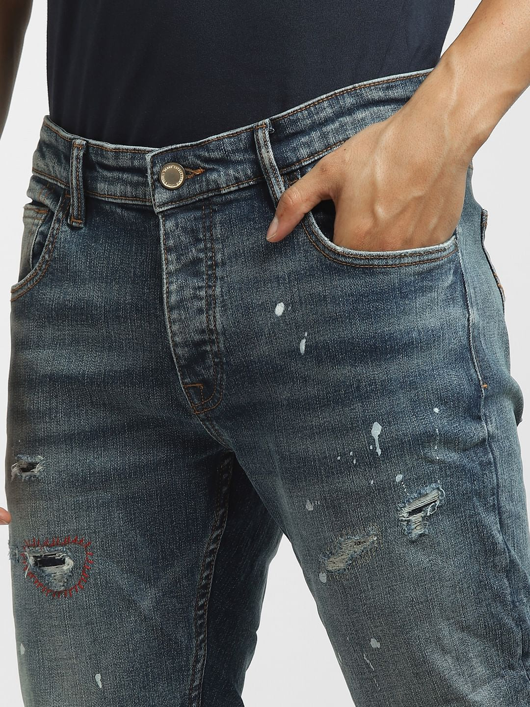 Dark Blue Low Rise Paint Detail Regular Jeans - Image 5