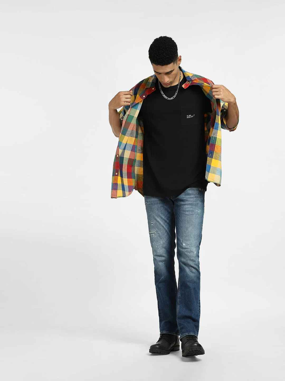 Blue Mid Rise Distressed Clark Straight Jeans