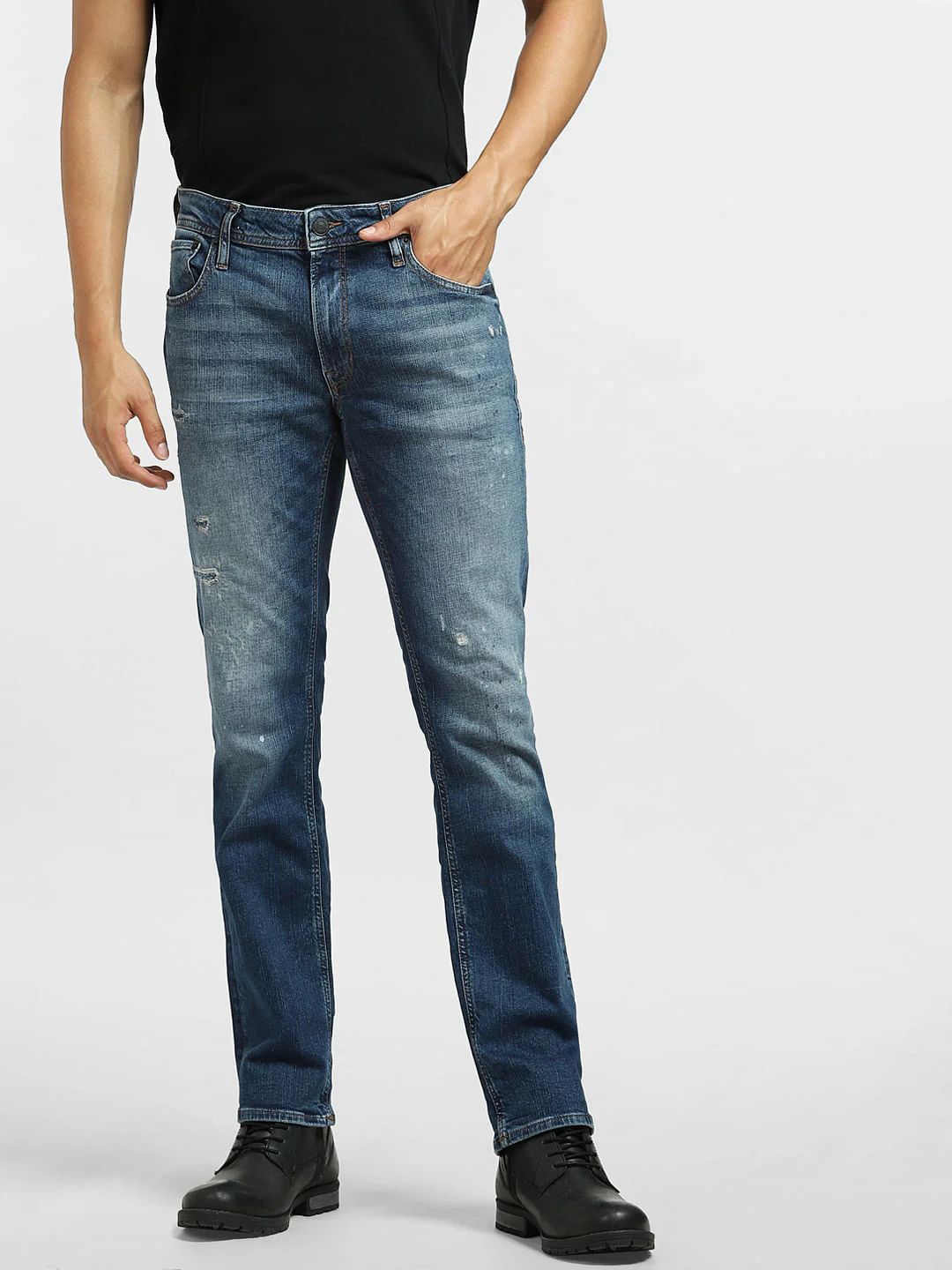 Blue Mid Rise Distressed Clark Straight Jeans - Image 2
