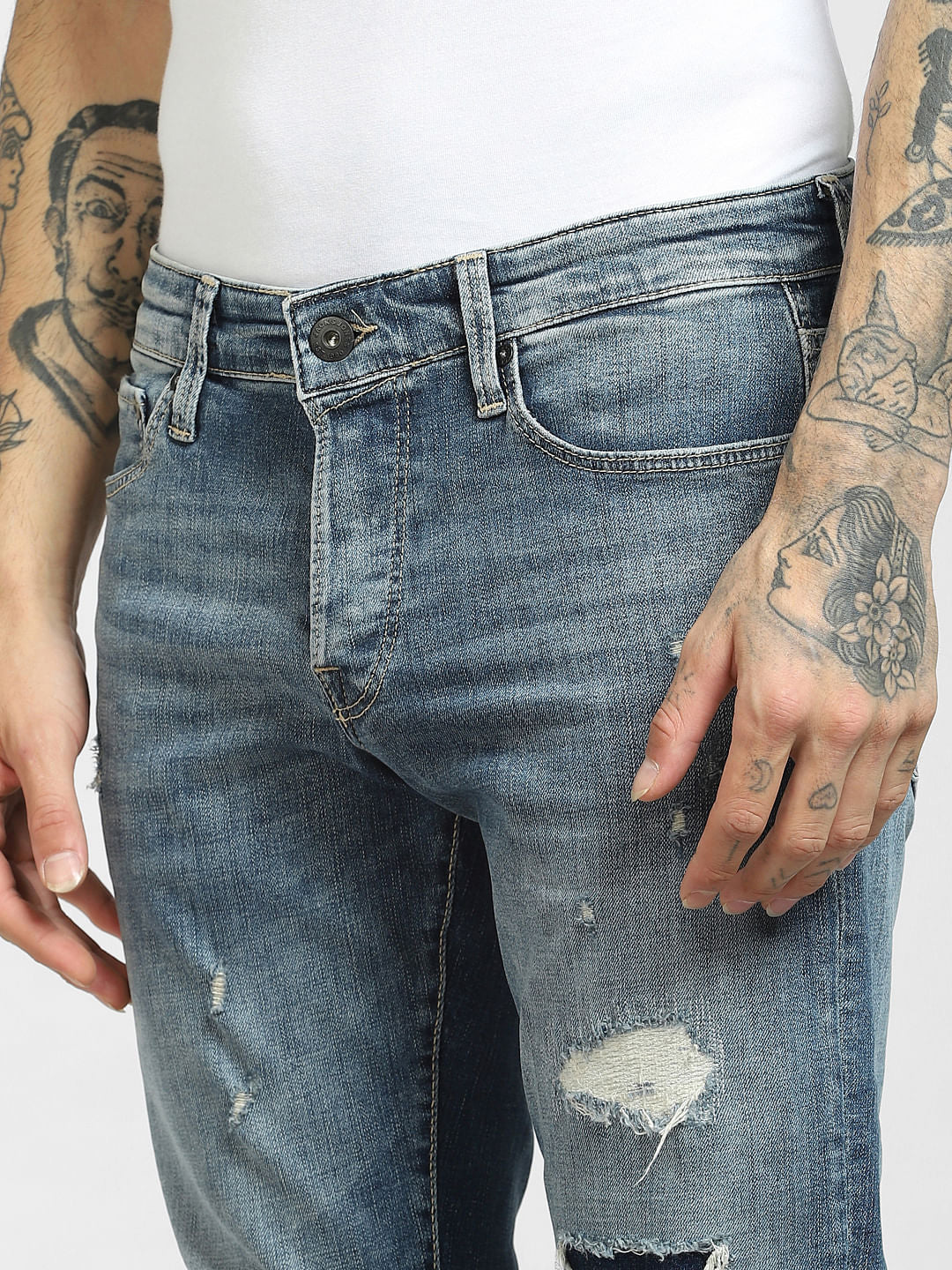 Light Blue Low Rise Distressed Slim Jeans - Image 5