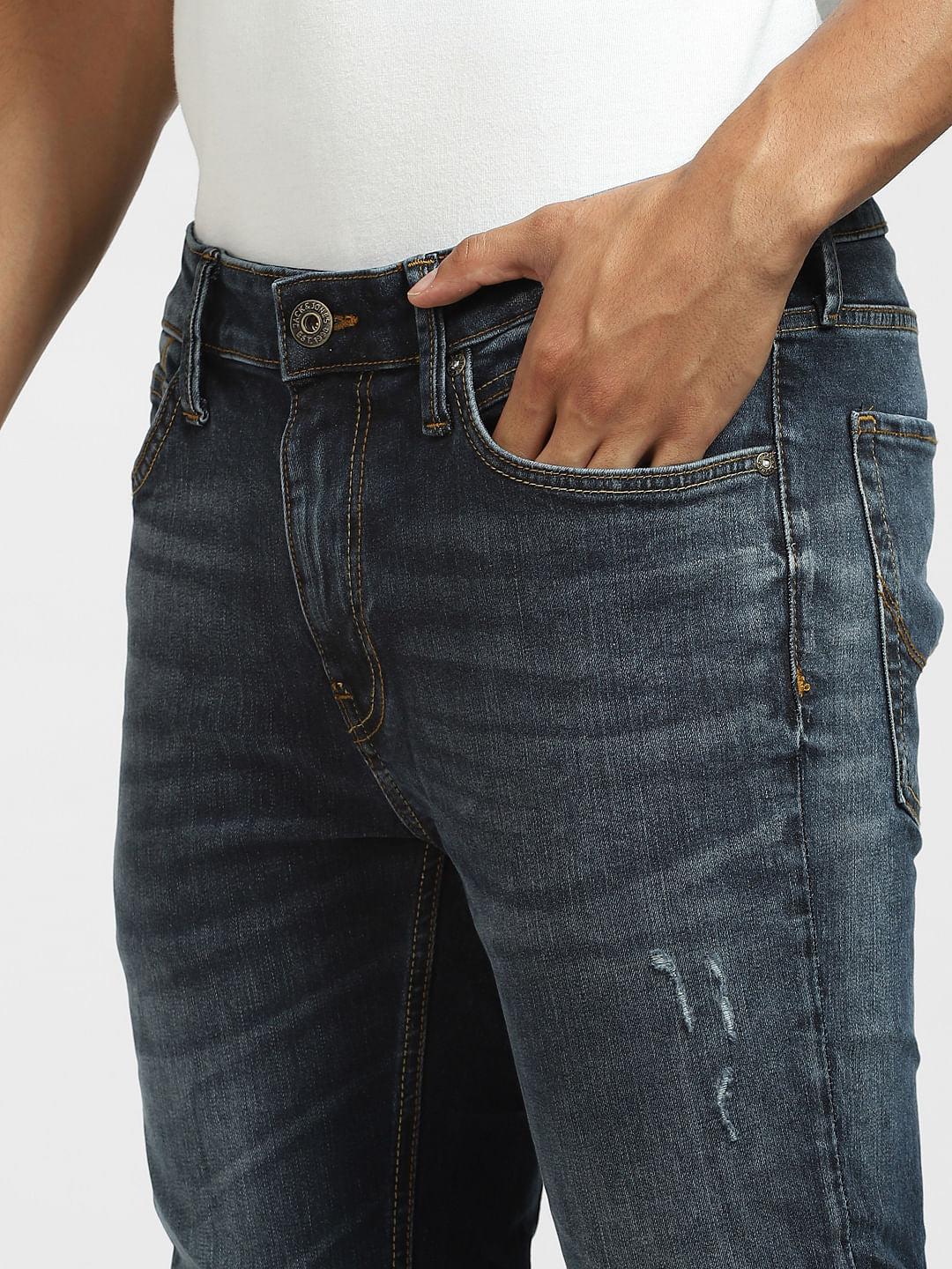 Dark Blue Low Rise Distressed Skinny Jeans - Image 5