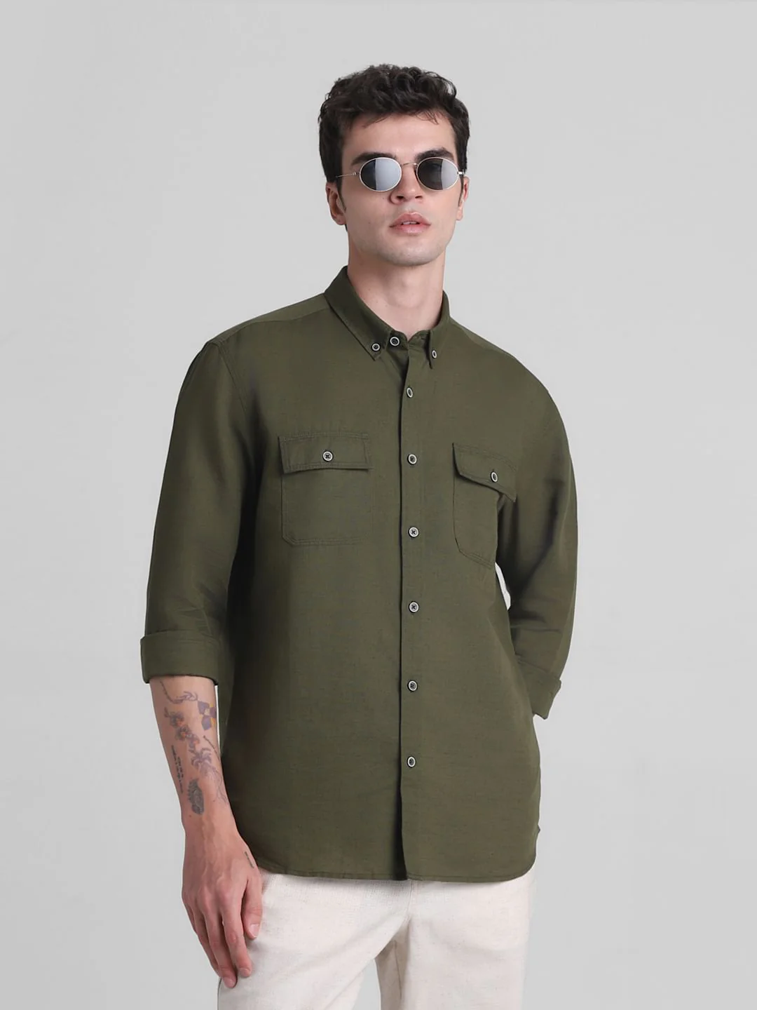Green Slim Fit Full Sleeves Shirt