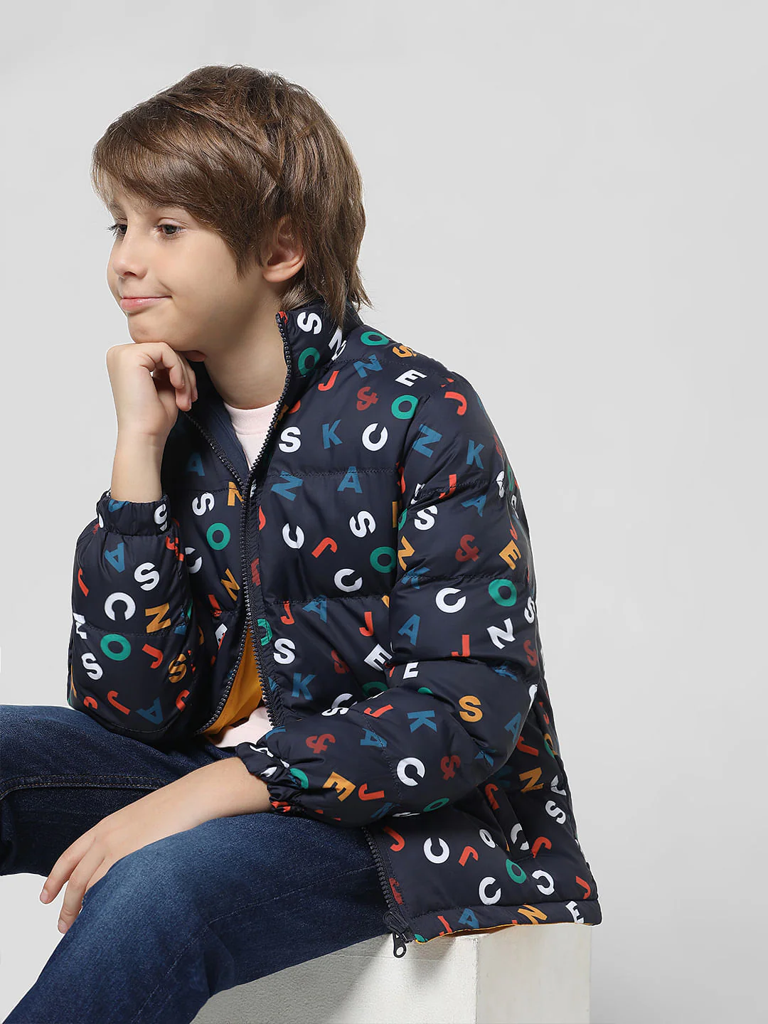 Navy Blue Printed Reversible Puffer Jacket
