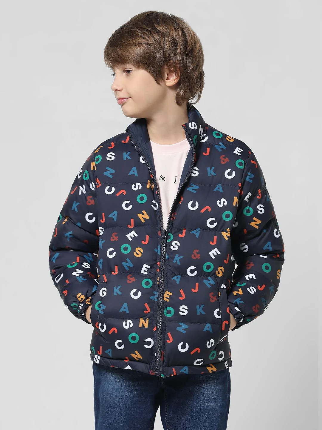 Navy Blue Printed Reversible Puffer Jacket - Image 2