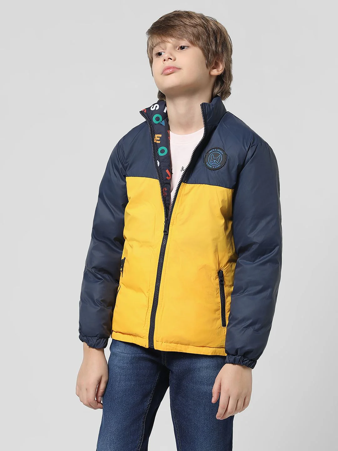 Navy Blue Printed Reversible Puffer Jacket - Image 3
