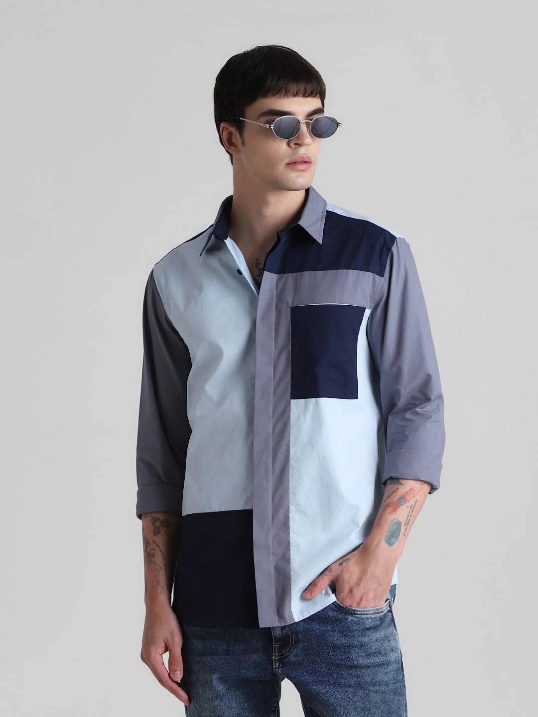 Blue Colourblocked Full Sleeves Shirt