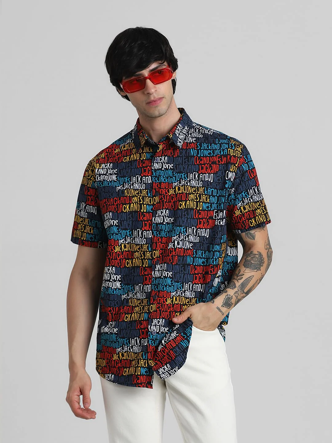 URBAN RACERS by JACK&JONES BLACK LOGO TEXT PRINT SHORT SLEEVES SHIRT
