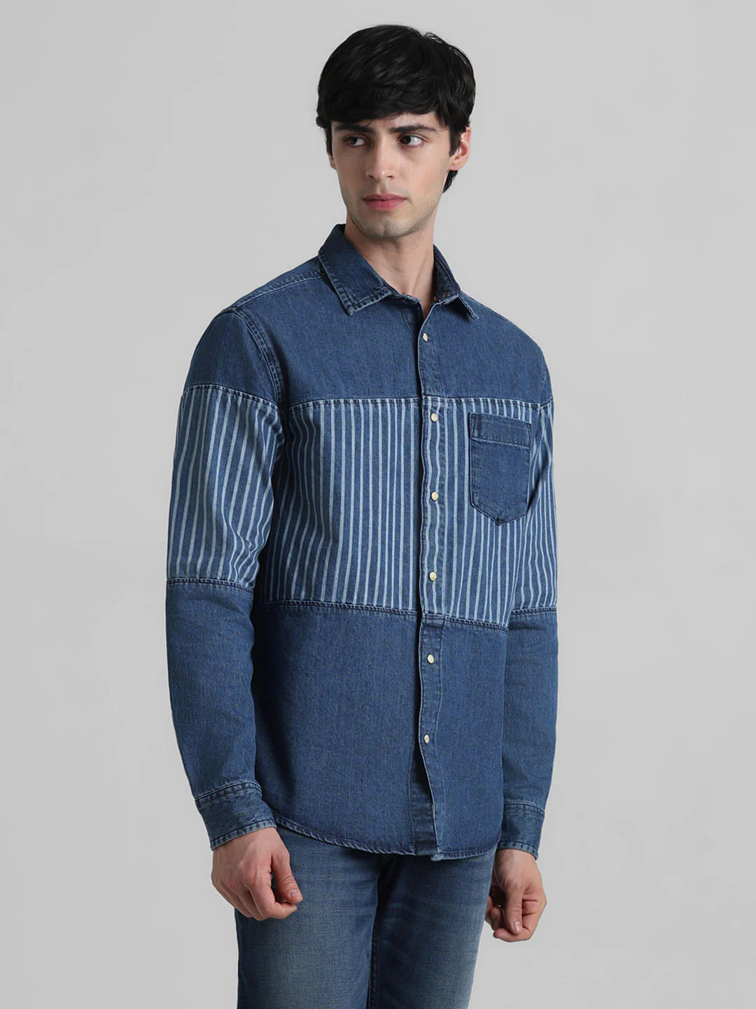 URBAN RACERS by JACK&JONES Blue Striped Cotton Denim Shirt - Image 2