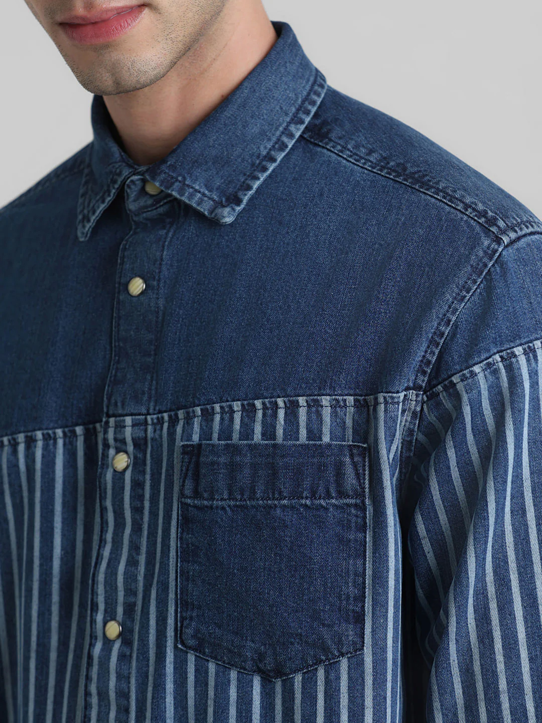 URBAN RACERS by JACK&JONES Blue Striped Cotton Denim Shirt - Image 5