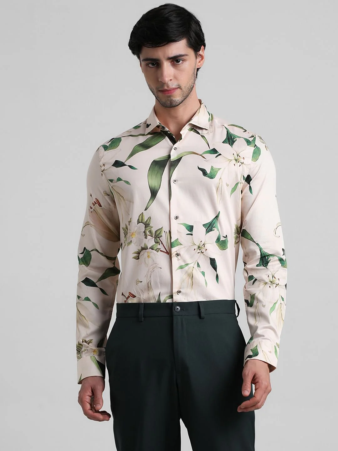 Light Beige Floral Full Sleeves Shirt - Image 2