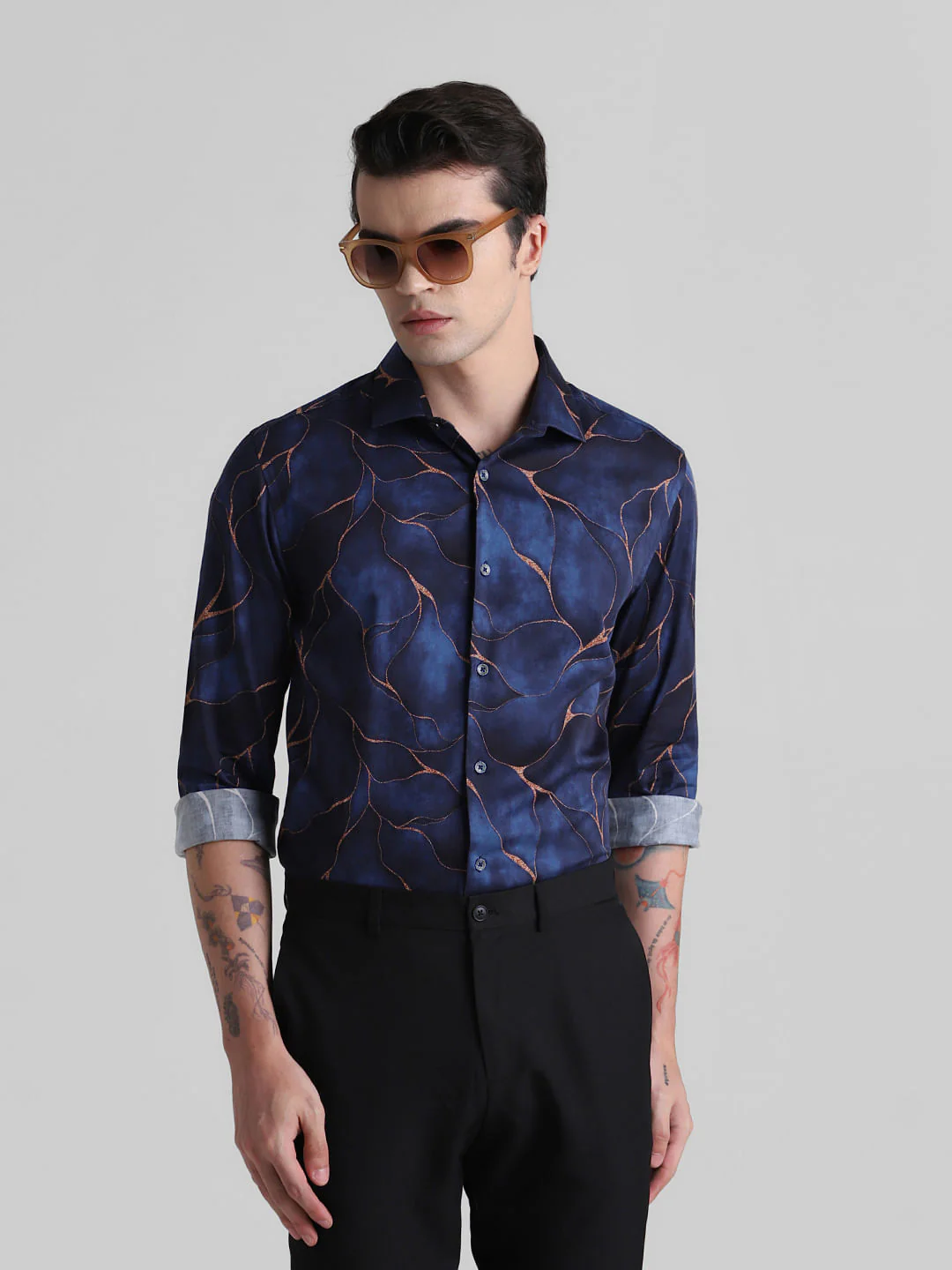 Dark Blue Printed Full Sleeves Shirt