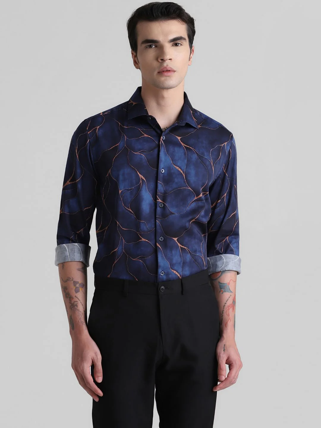 Dark Blue Printed Full Sleeves Shirt - Image 2