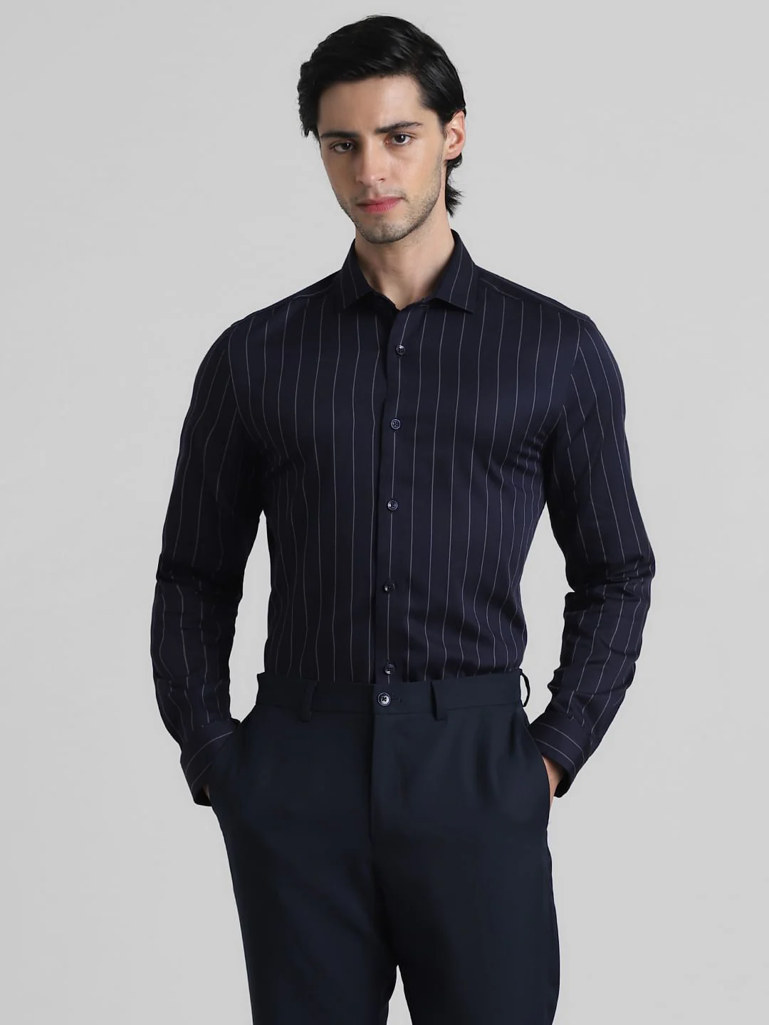 Dark Blue Striped Full Sleeves Shirt - Image 2
