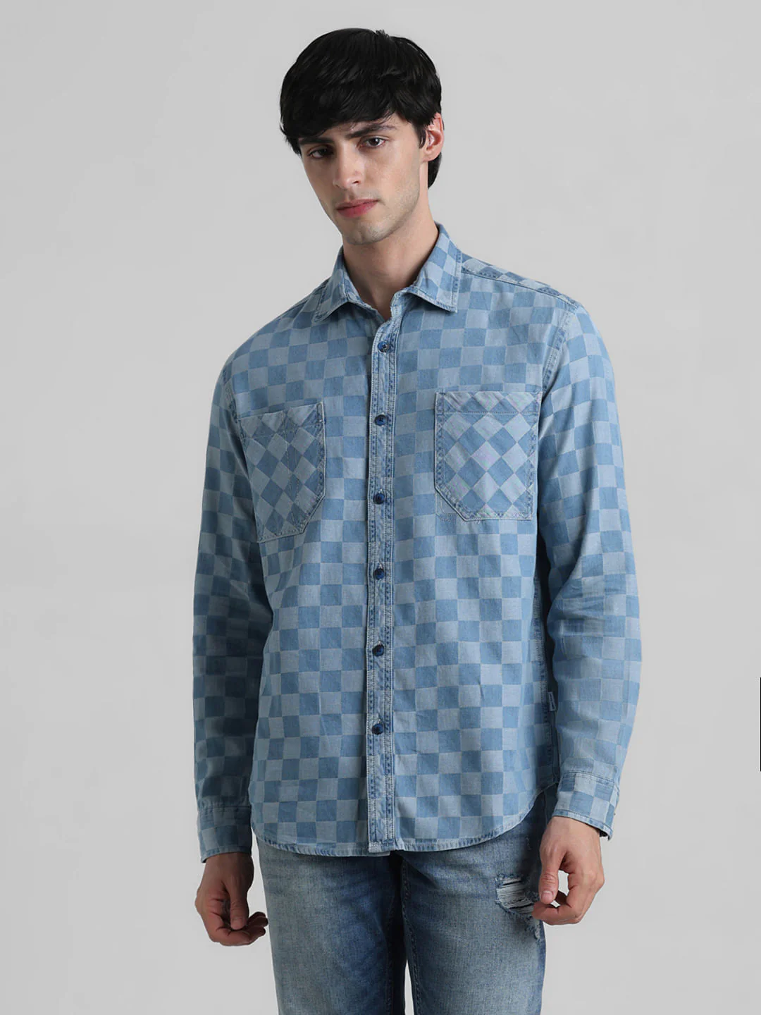 Blue Dobby Check Print Shirt - Image 2