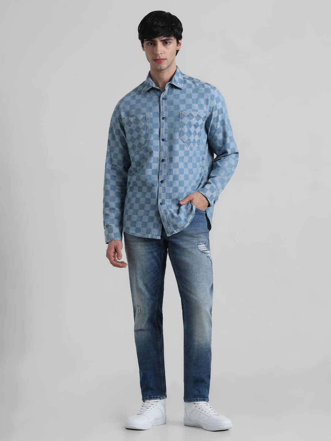 Blue Dobby Check Print Shirt - Image 6