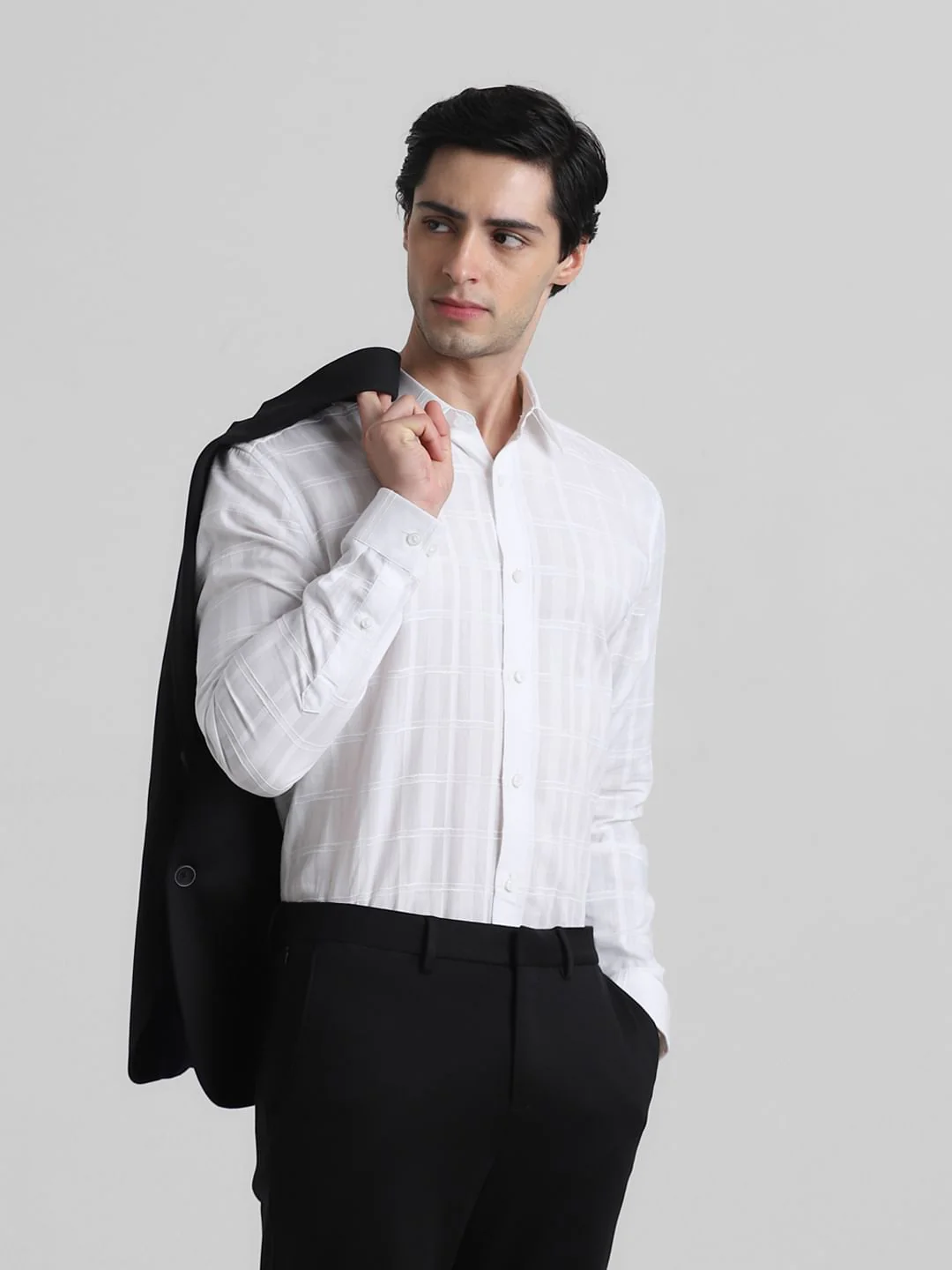 White Dobby Check Slim Fit Shirt