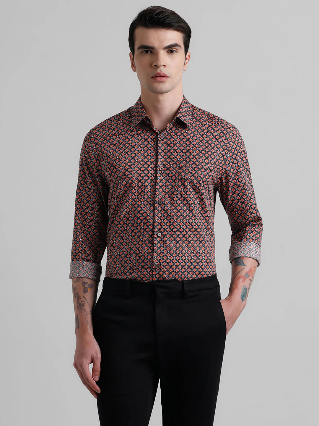 Black Floral Print Short Sleeves Shirt - Image 2
