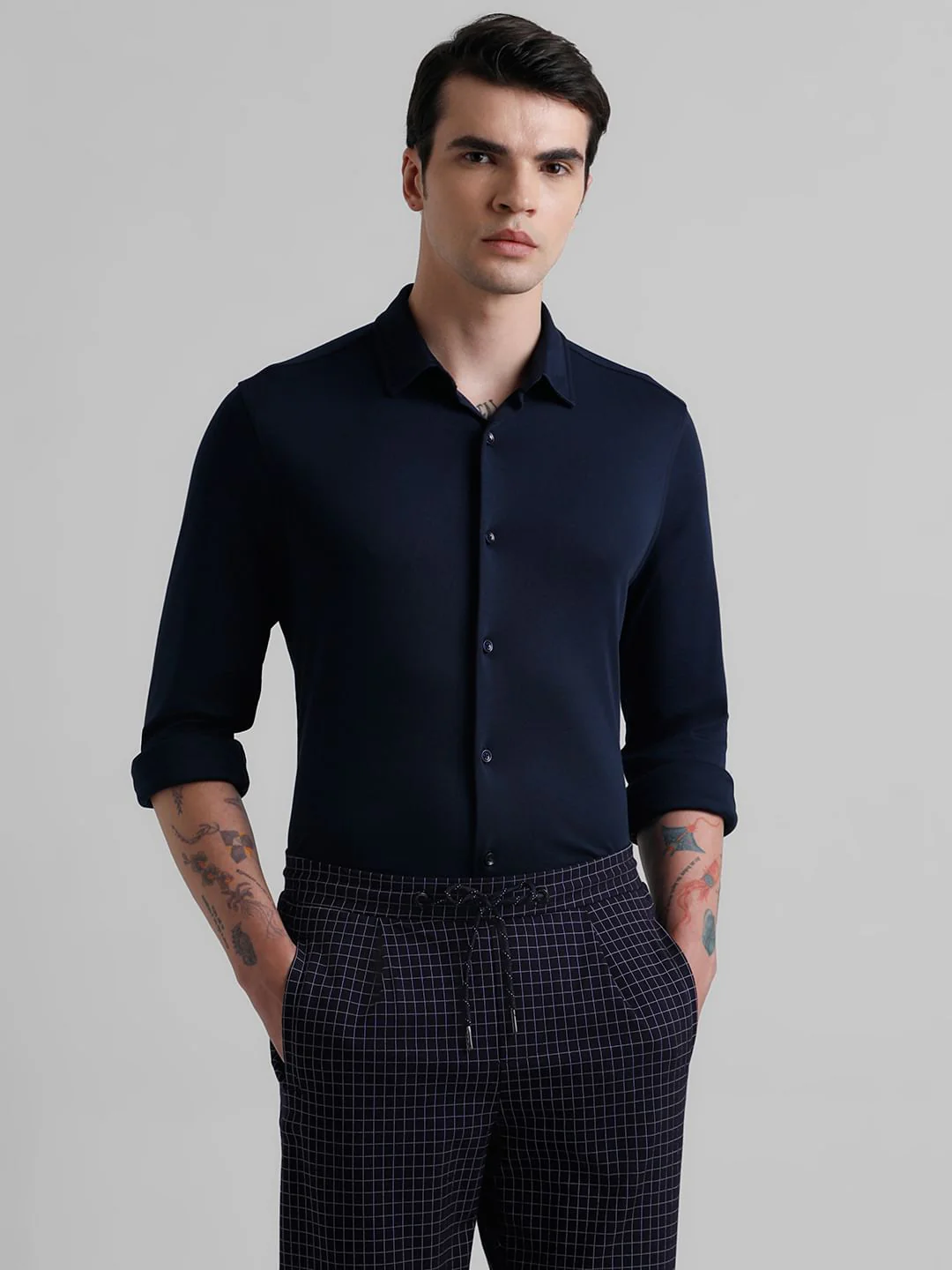 Dark Blue Knitted Full Sleeves Shirt - Image 2