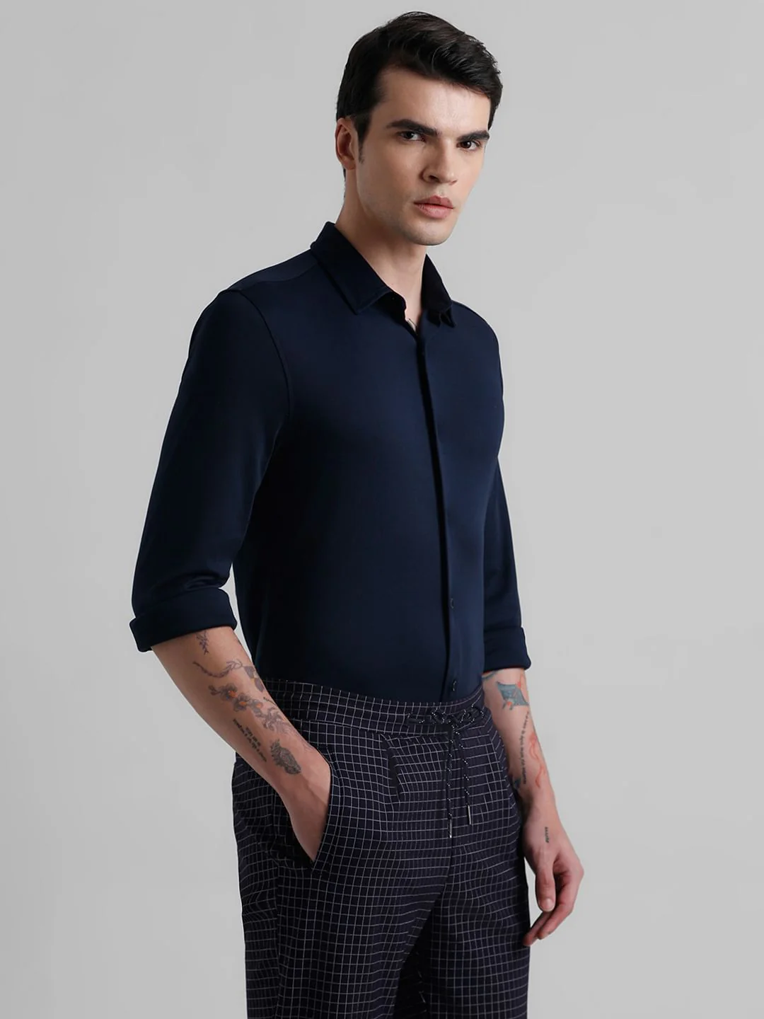 Dark Blue Knitted Full Sleeves Shirt - Image 3