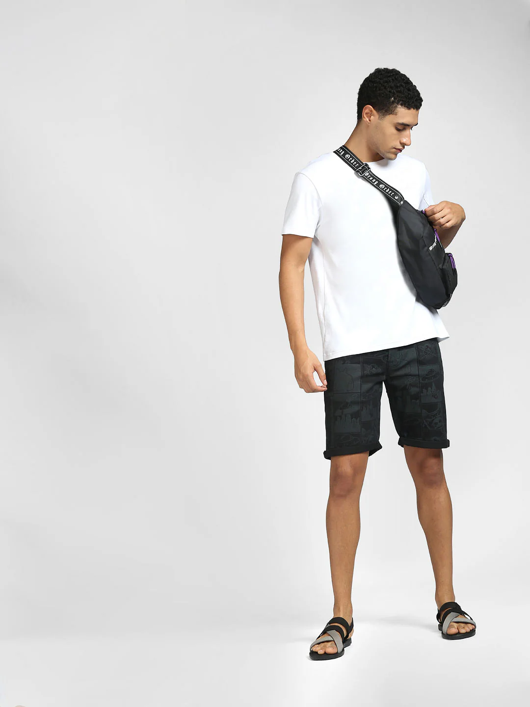 Black Printed Denim Shorts