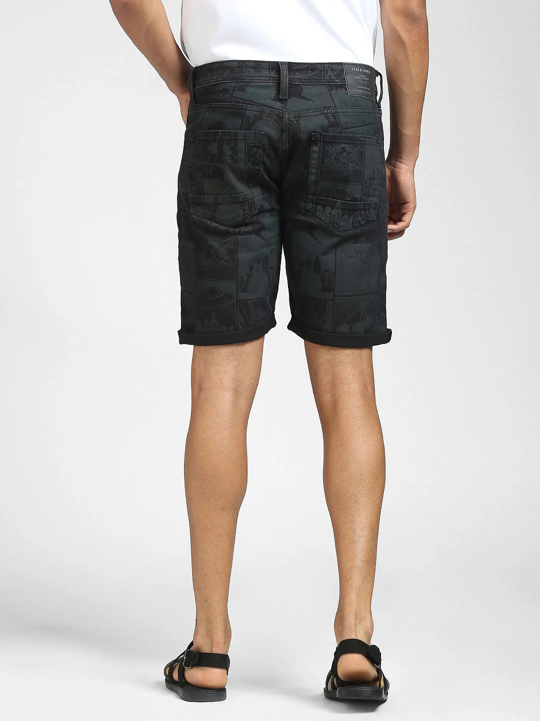Black Printed Denim Shorts - Image 4