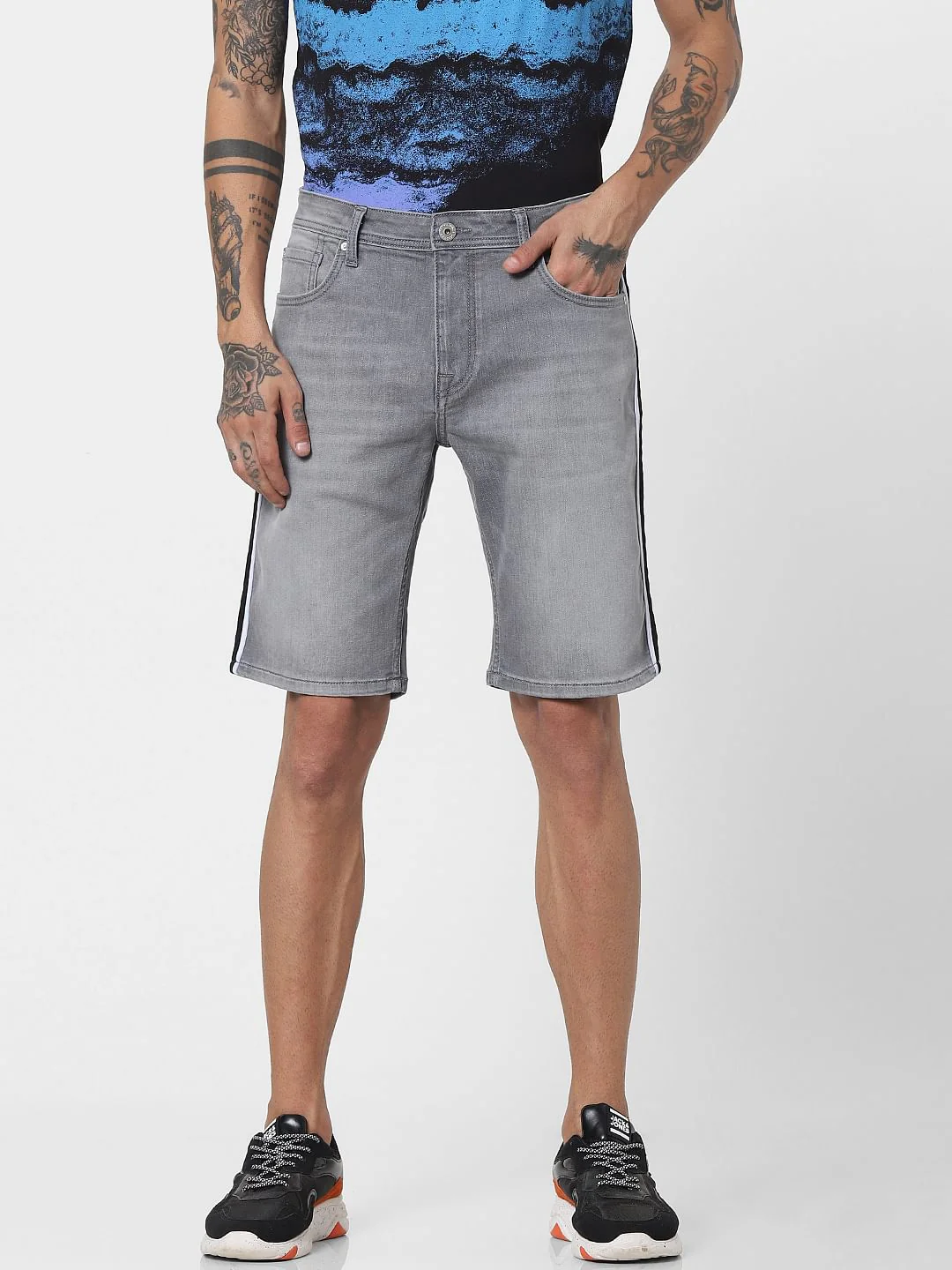 Grey Low Rise Tape Detail Denim Shorts - Image 2