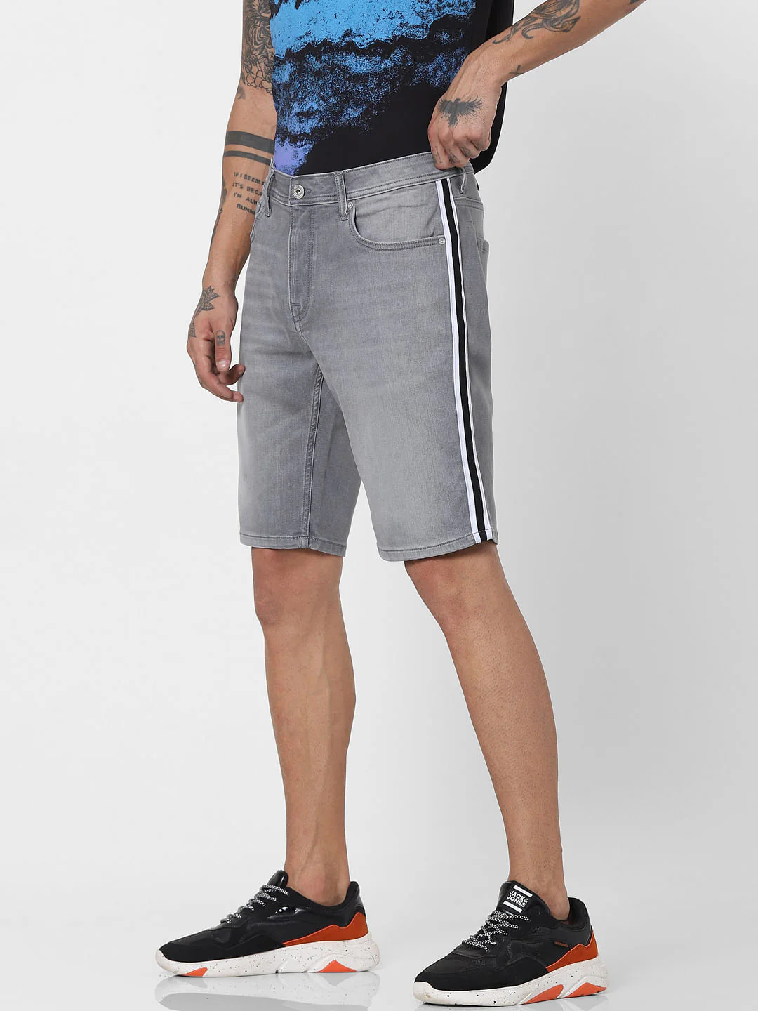 Grey Low Rise Tape Detail Denim Shorts - Image 3