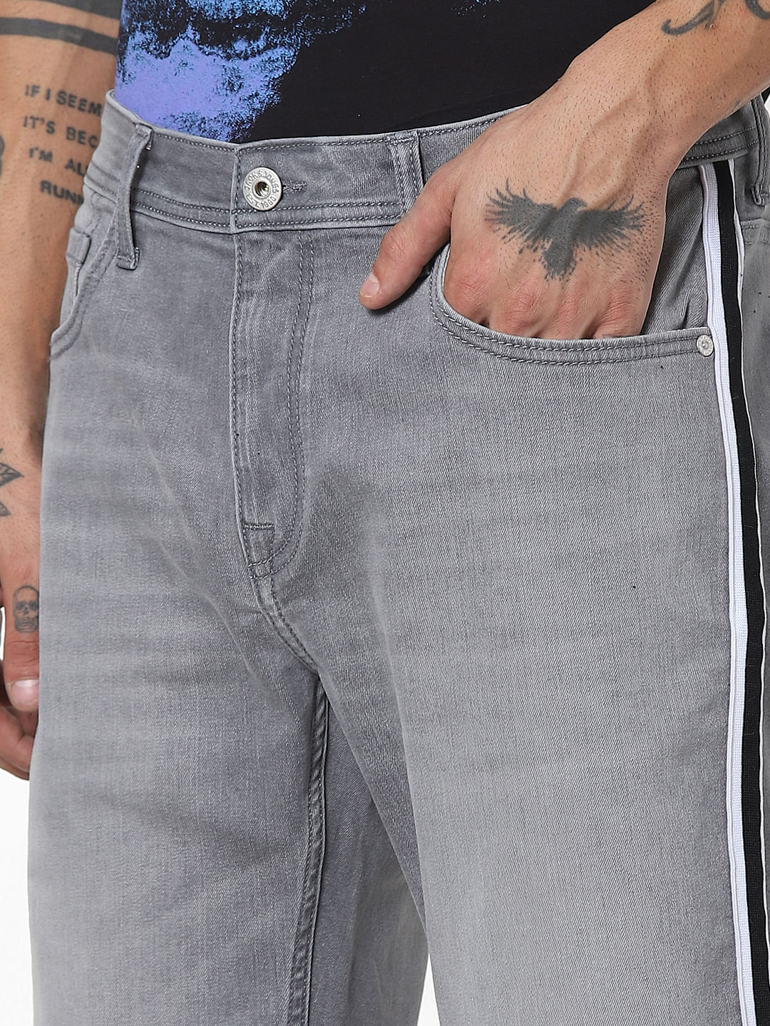 Grey Low Rise Tape Detail Denim Shorts - Image 5