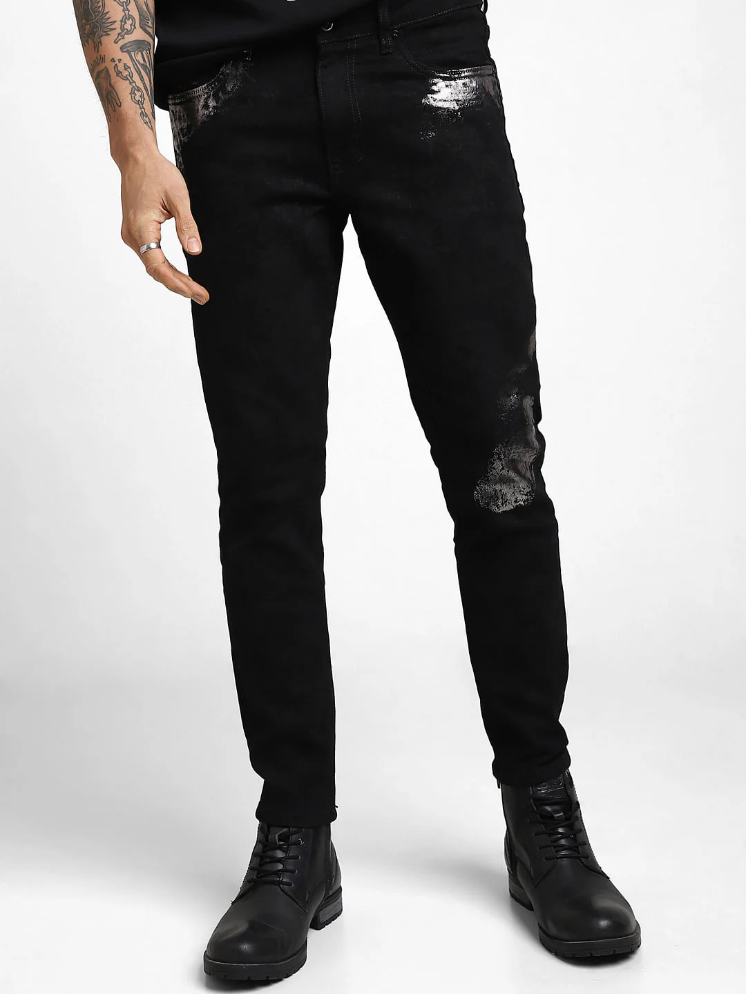 UNMATCHED by JACK&JONES Black Gunmetal Crackle Effect Slim Fit Jeans - Image 2