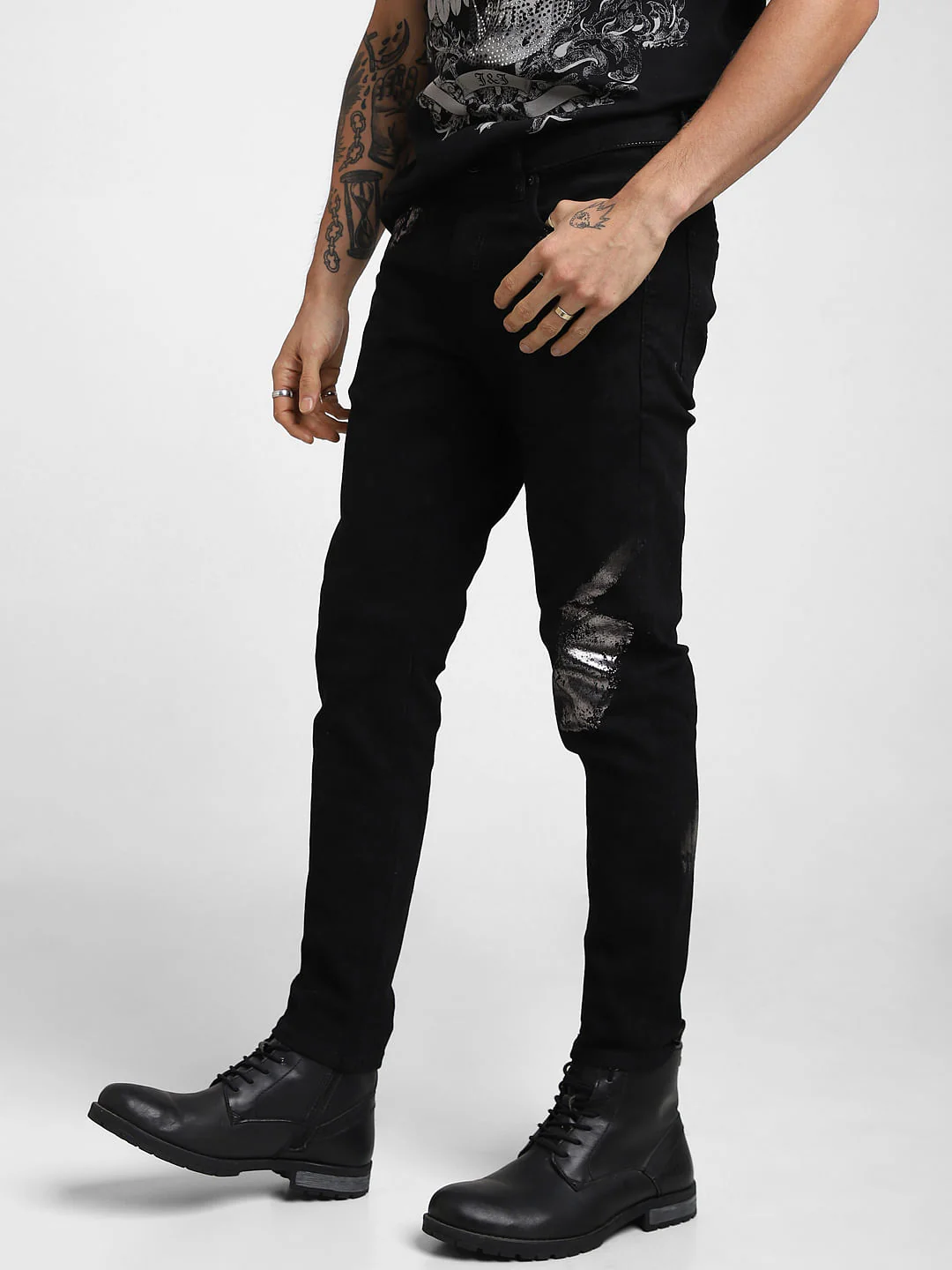 UNMATCHED by JACK&JONES Black Gunmetal Crackle Effect Slim Fit Jeans - Image 3