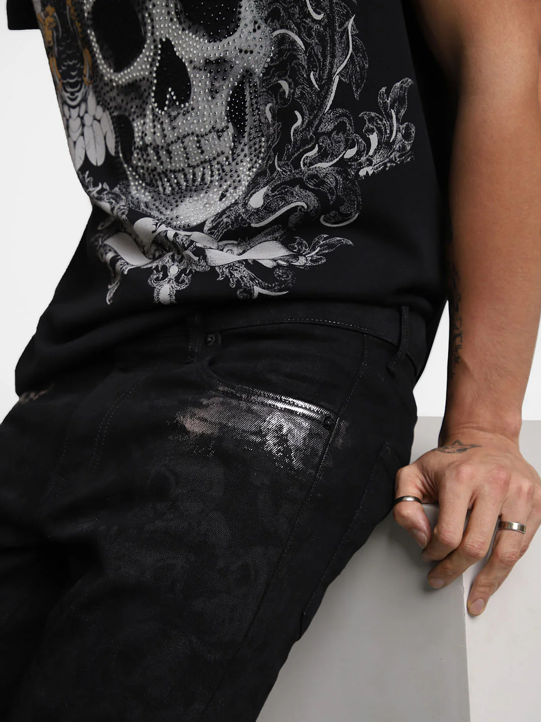 UNMATCHED by JACK&JONES Black Gunmetal Crackle Effect Slim Fit Jeans - Image 6