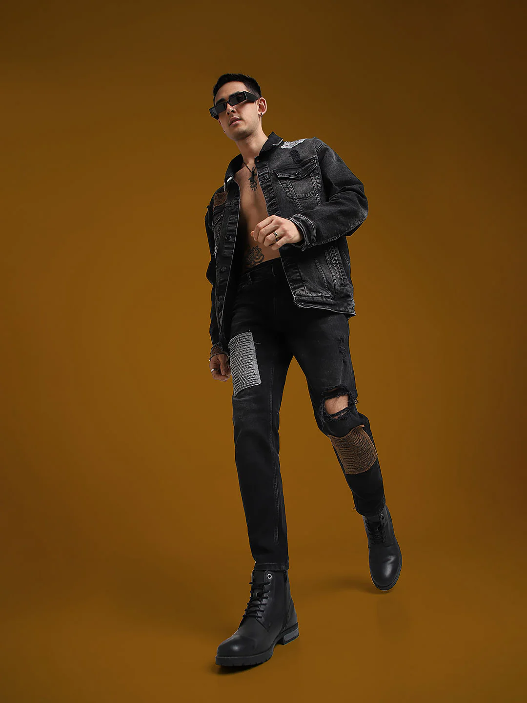 UNMATCHED by JACK&JONES Black Mid Rise Patchwork Glenn Slim Fit Jeans