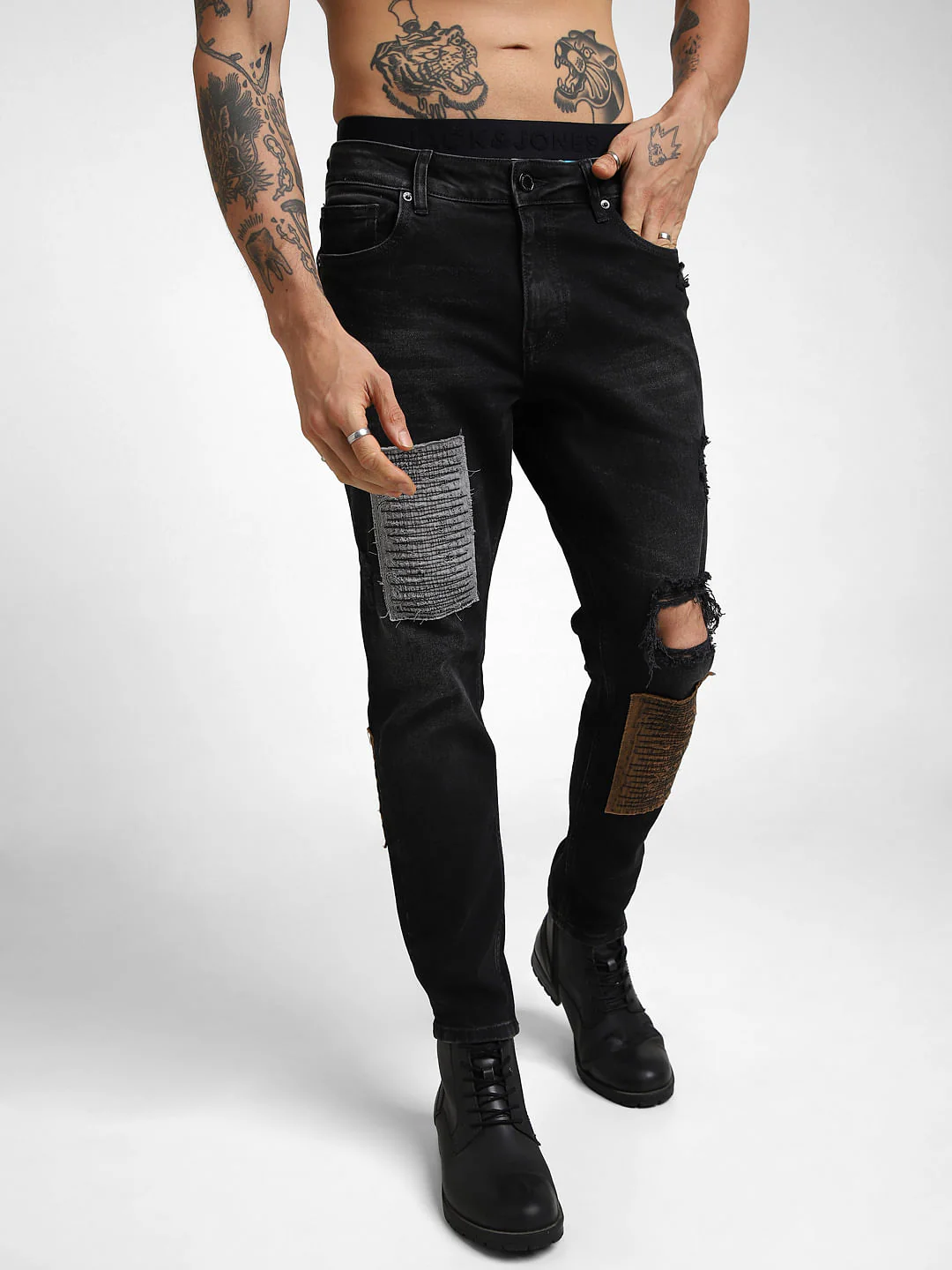 UNMATCHED by JACK&JONES Black Mid Rise Patchwork Glenn Slim Fit Jeans - Image 2