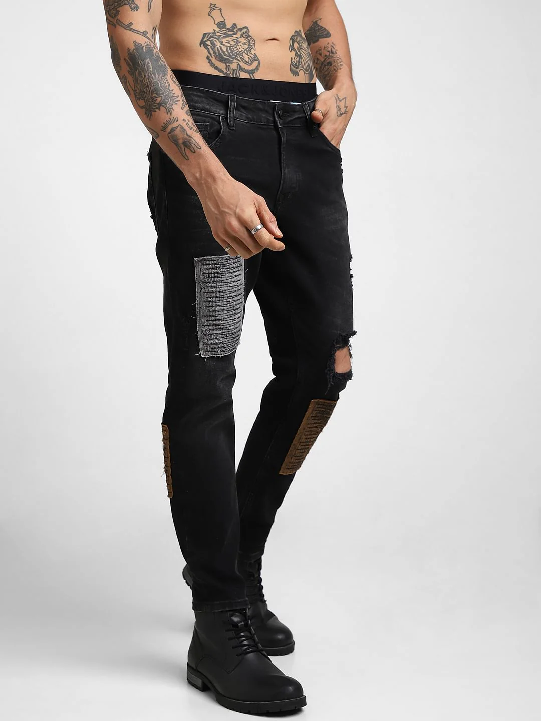 UNMATCHED by JACK&JONES Black Mid Rise Patchwork Glenn Slim Fit Jeans - Image 3