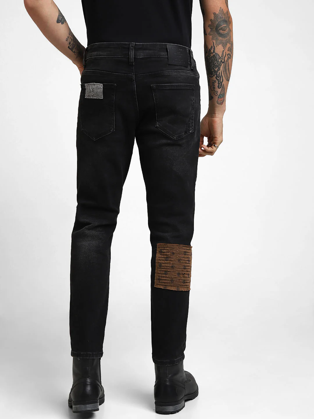 UNMATCHED by JACK&JONES Black Mid Rise Patchwork Glenn Slim Fit Jeans - Image 4
