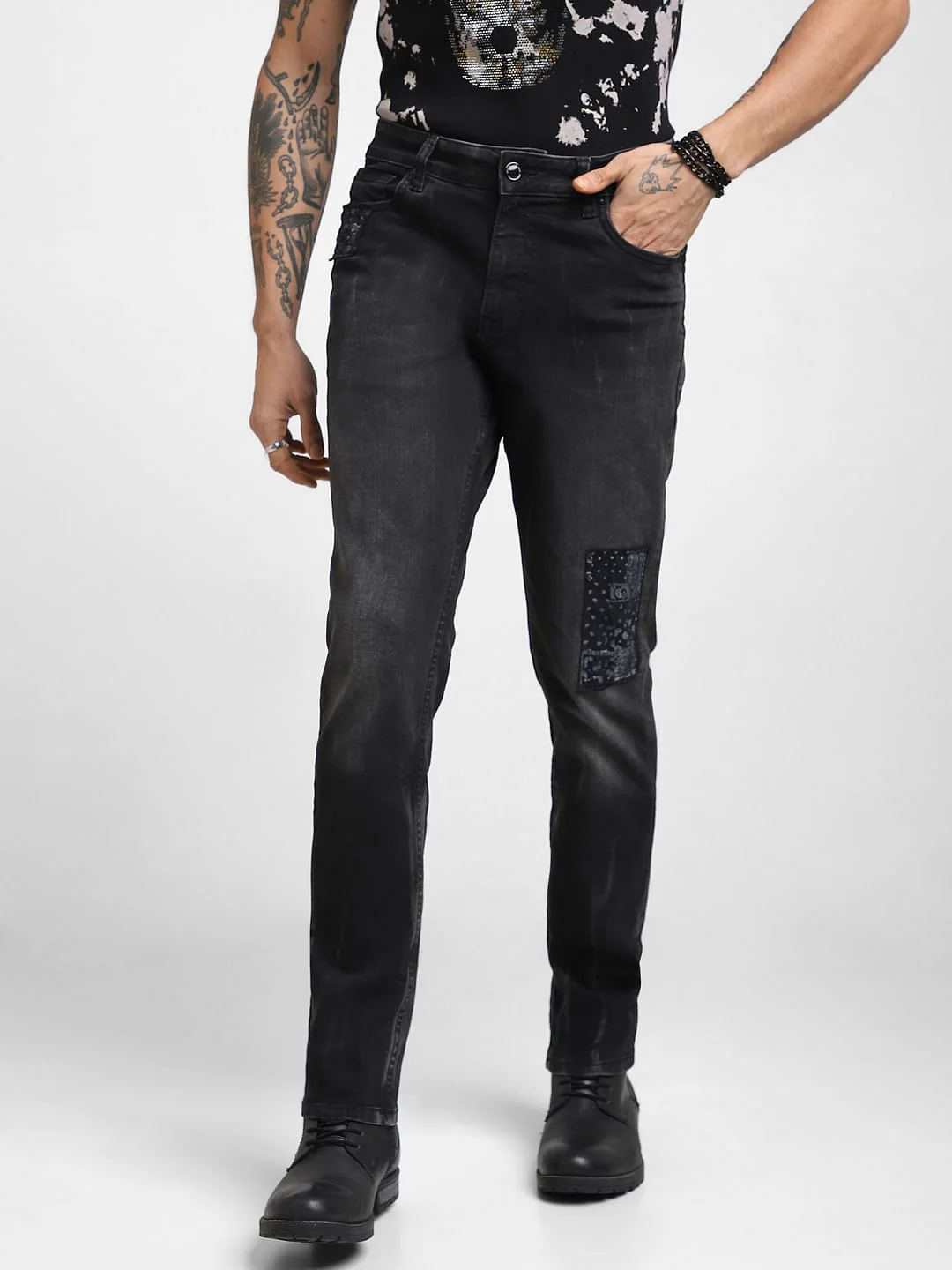 UNMATCHED by JACK&JONES Black Appliqu Detail Distressed Slim Jeans - Image 2