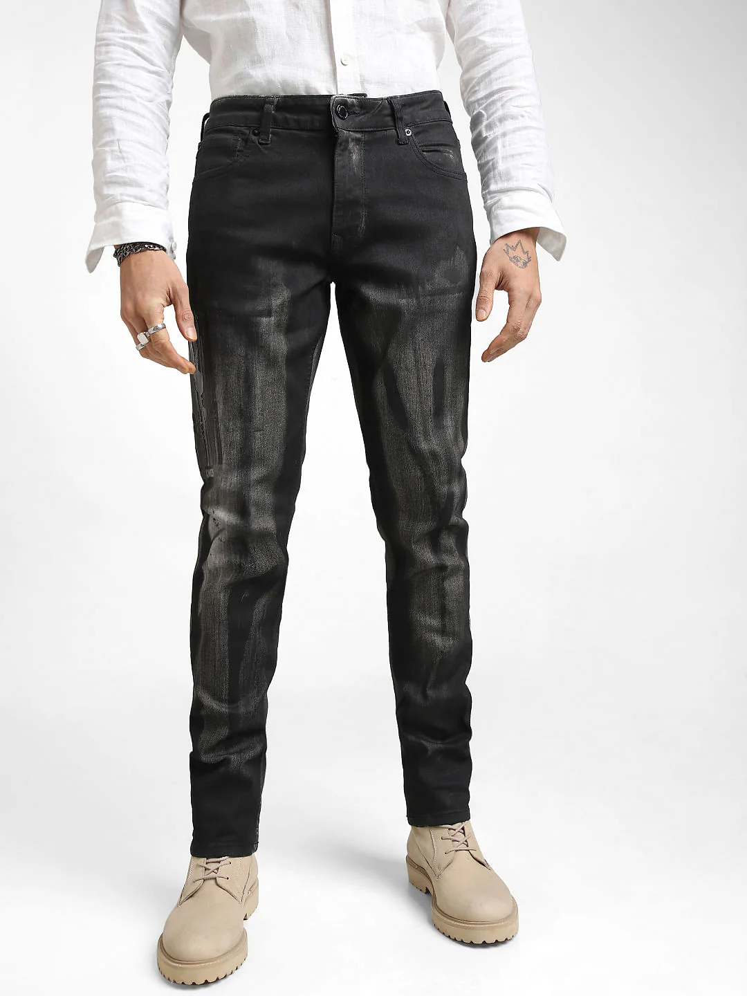 UNMATCHED by JACK&JONES Black Brush-Stroke Effect Slim Fit Jeans - Image 2
