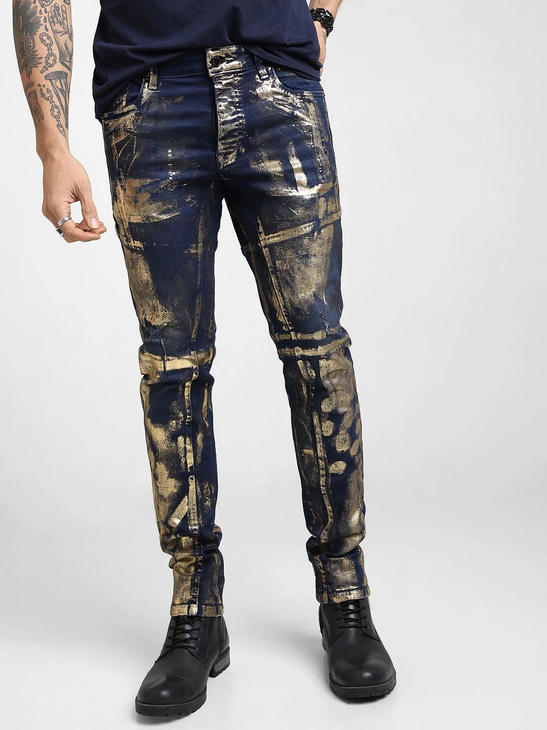 UNMATCHED by JACK&JONES Dark Blue Golden Foil Print Slim Fit Jeans - Image 2