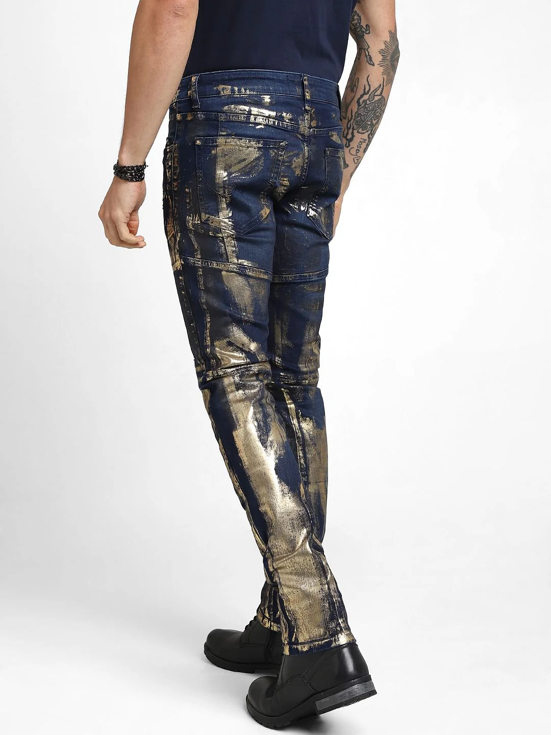 UNMATCHED by JACK&JONES Dark Blue Golden Foil Print Slim Fit Jeans - Image 4