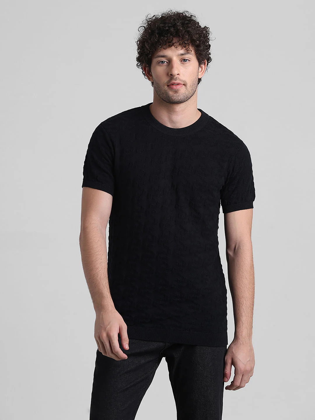 Black Textured Crew Neck T-shirt - Image 2