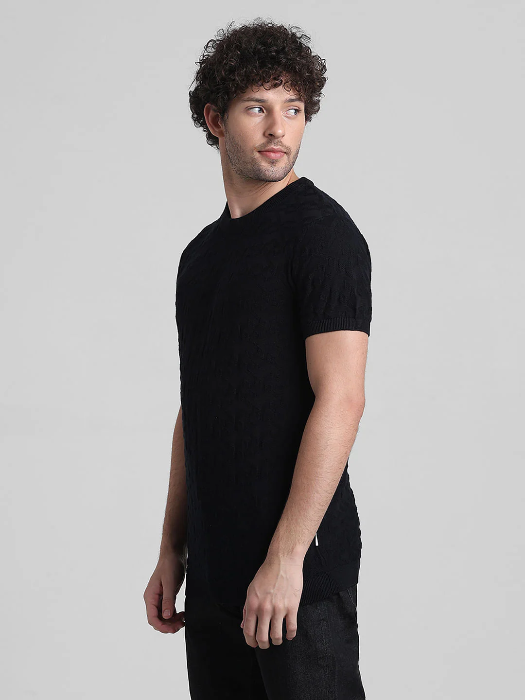Black Textured Crew Neck T-shirt - Image 3
