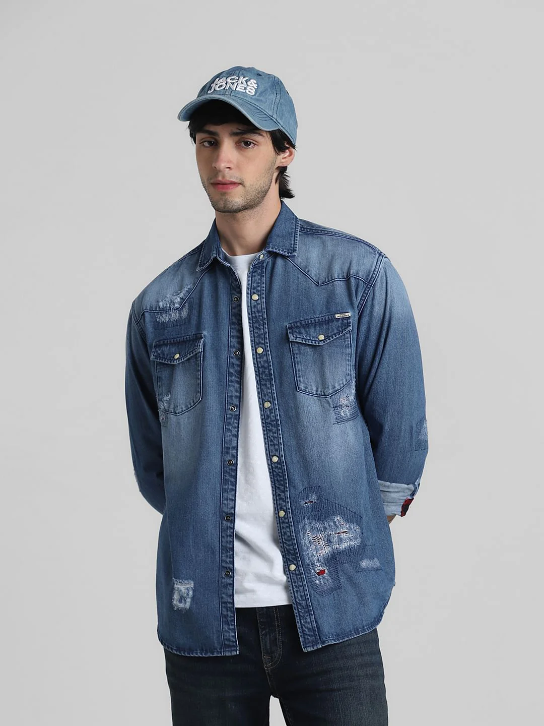 Blue Distressed Denim Shirt