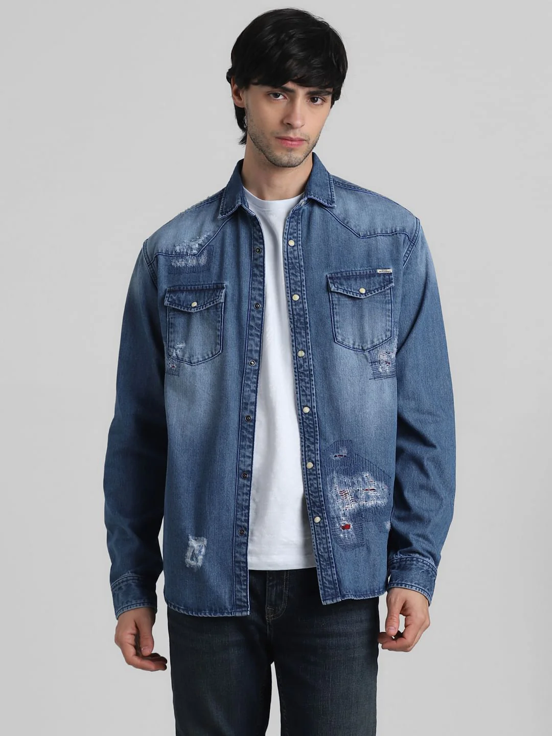Blue Distressed Denim Shirt - Image 2