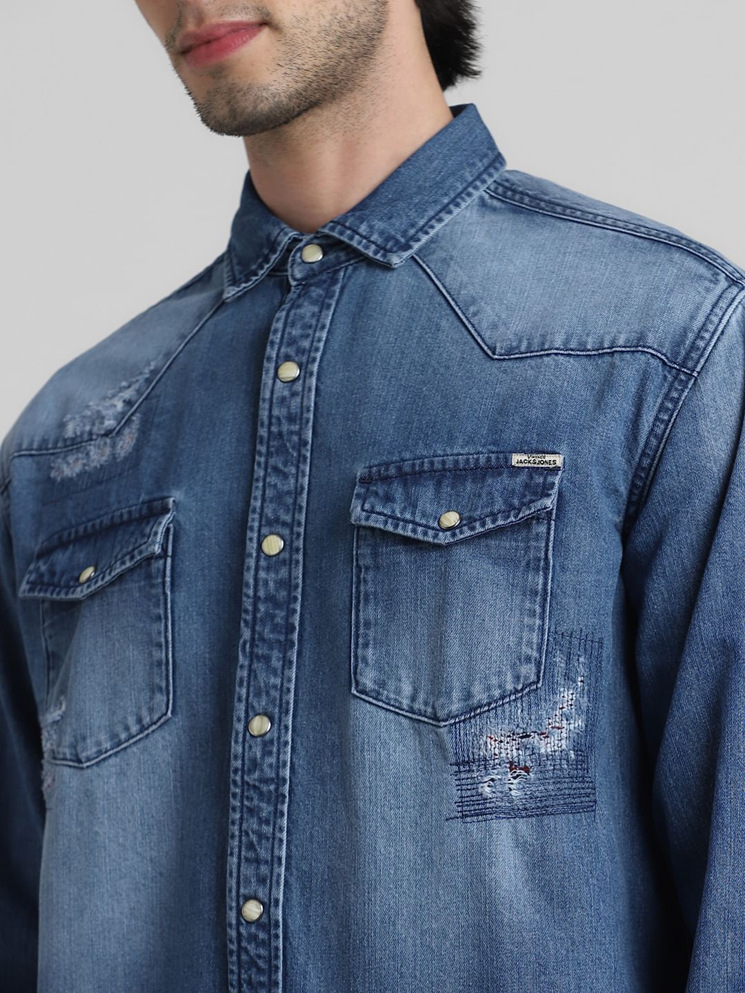 Blue Distressed Denim Shirt - Image 5