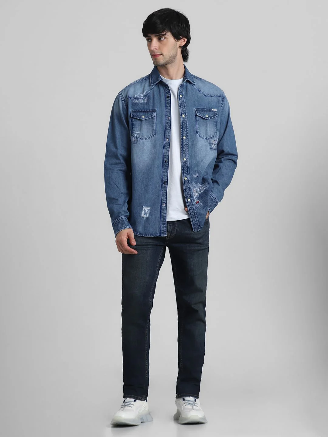 Blue Distressed Denim Shirt - Image 6