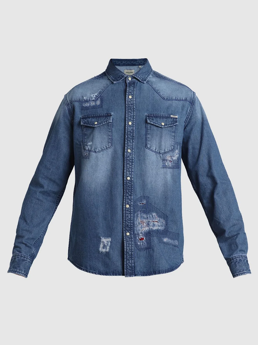 Blue Distressed Denim Shirt - Image 8
