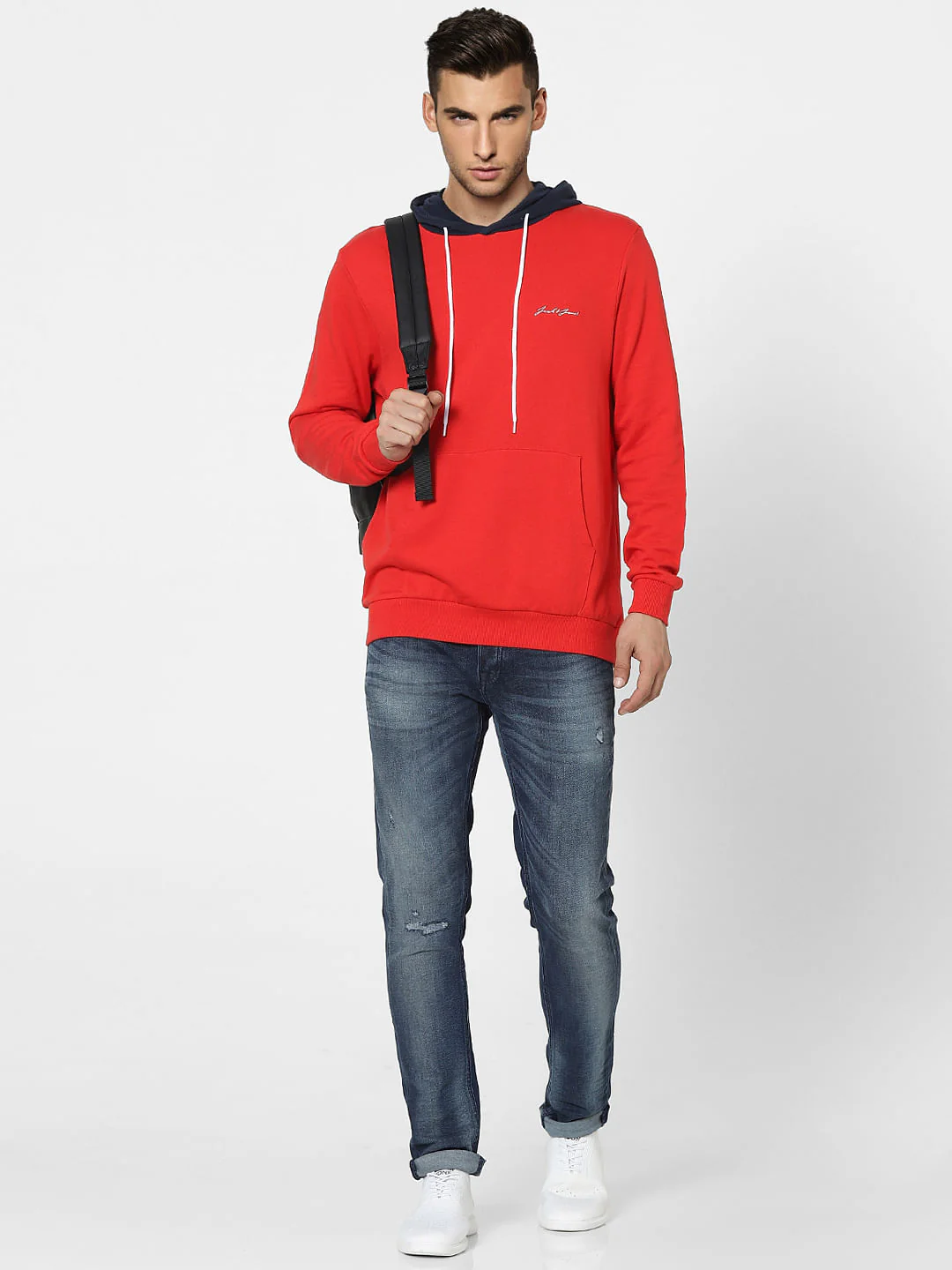 Red Colourblocked Hooded Sweatshirt