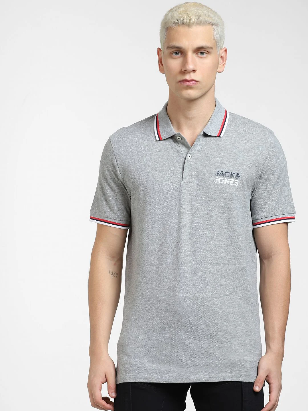 Grey Logo Print Polo T-shirt - Image 2